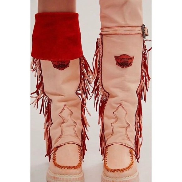 El Vaquero Drifter Hand Dyed Orange Tall Moccasin Free People Boots Size 37 - Picture 5 of 10